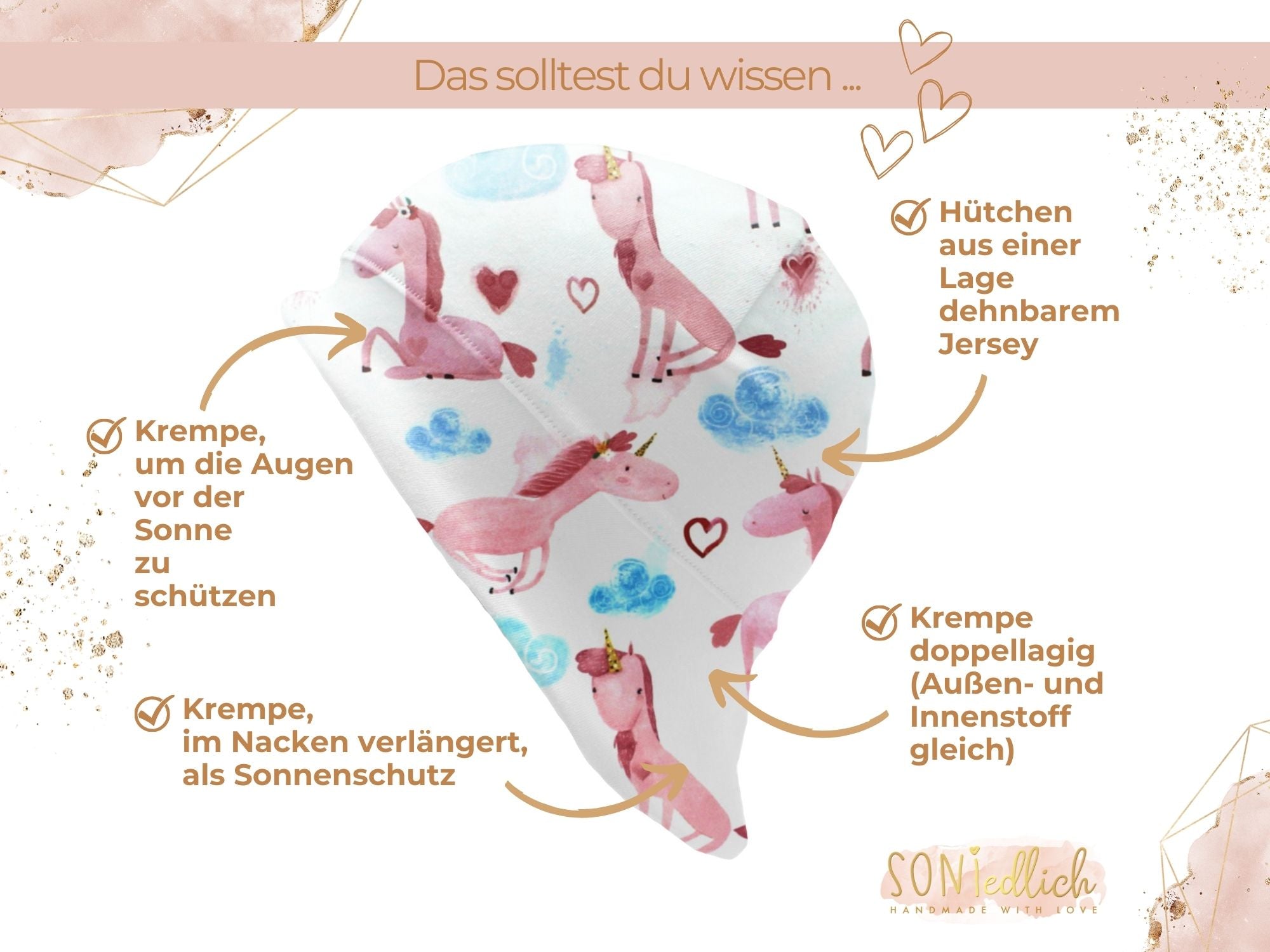Sonnenhut für Babys und Kinder „lovely unicorn“ Details